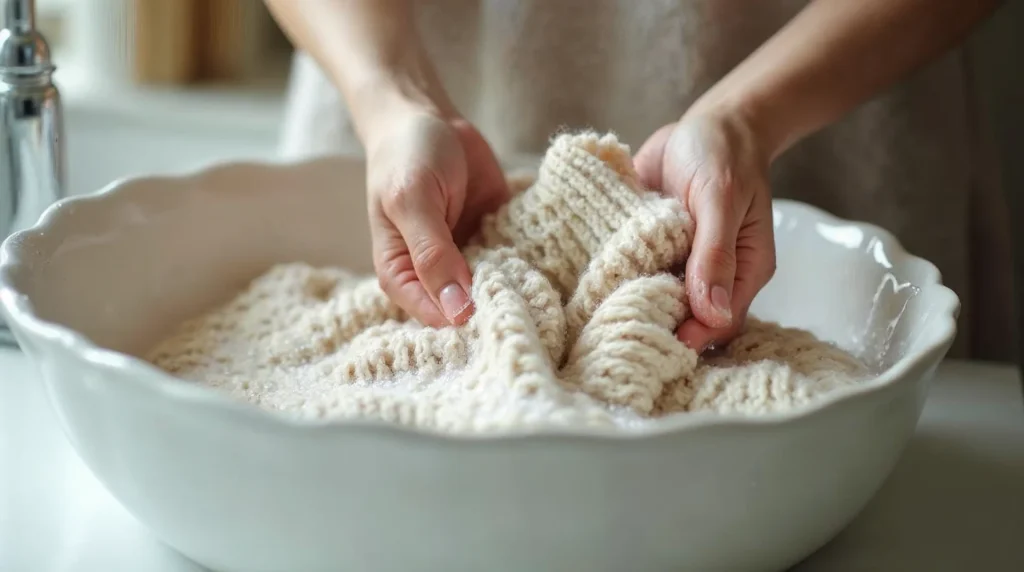 Zbliżenie na dłonie delikatnie ugniatające beżowy sweter kaszmirowy w misce z wodą i pianą, naturalne światło z okna